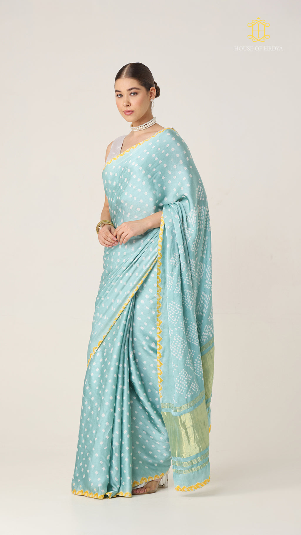 Bandhani Sky Blue with Lagda Patta Pallu