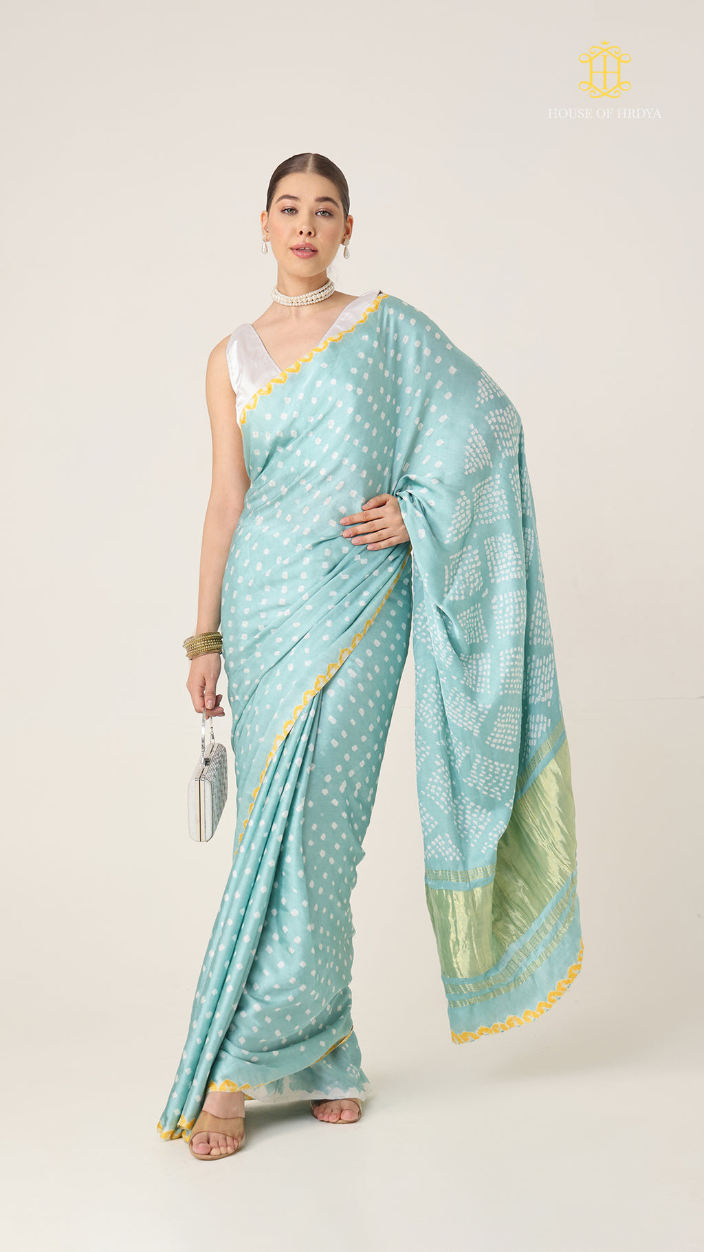 Bandhani Sky Blue with Lagda Patta Pallu