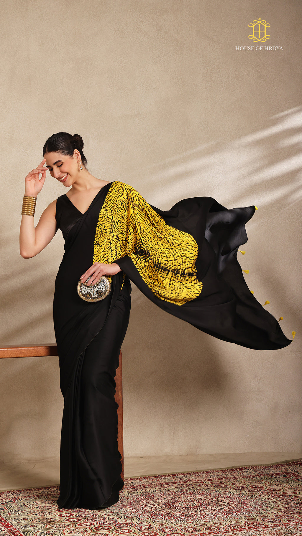 Baandh Black Modal Silk Yellow Shibori