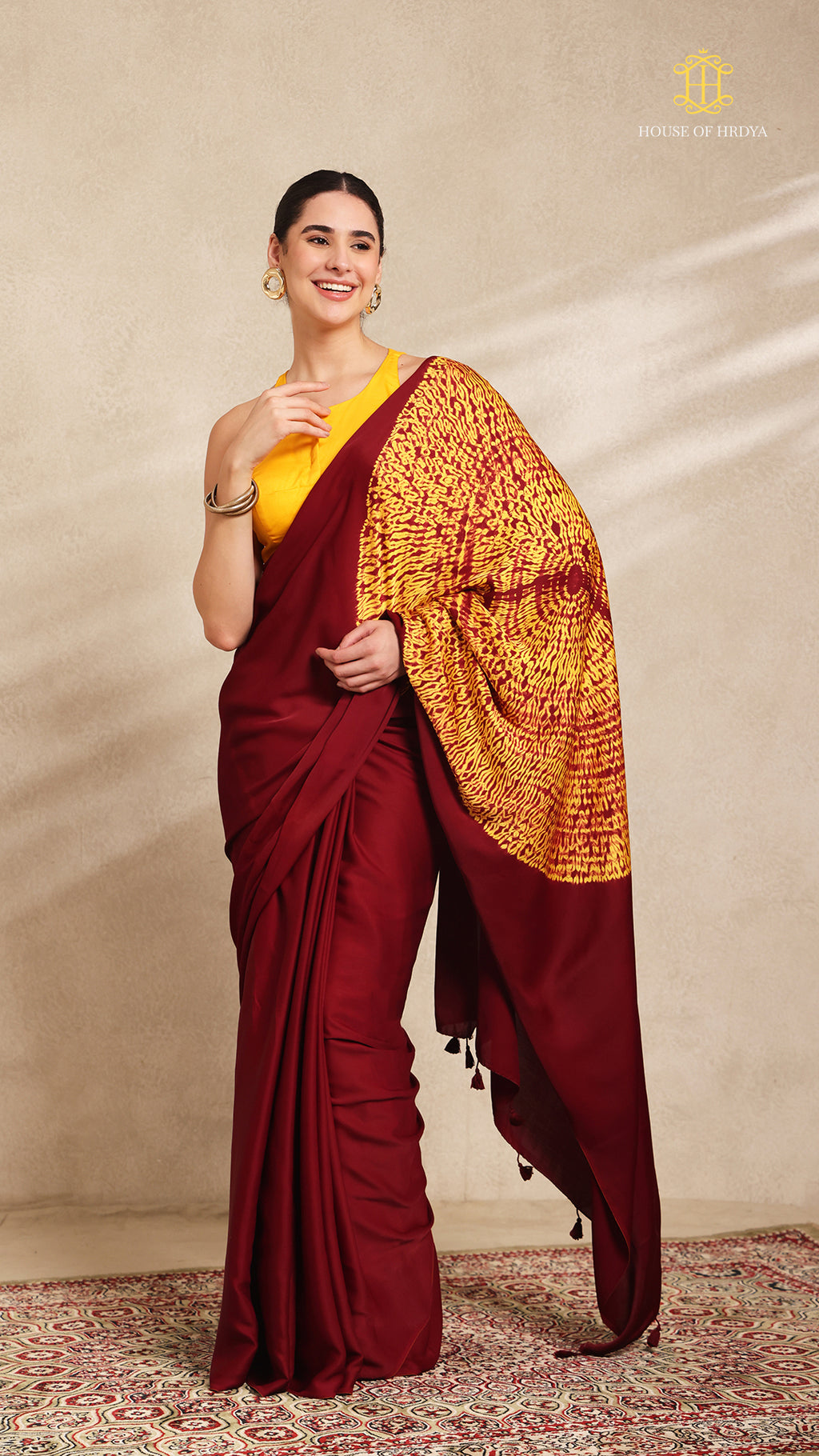 Baandh Maroon Modal Silk Yellow Shibori