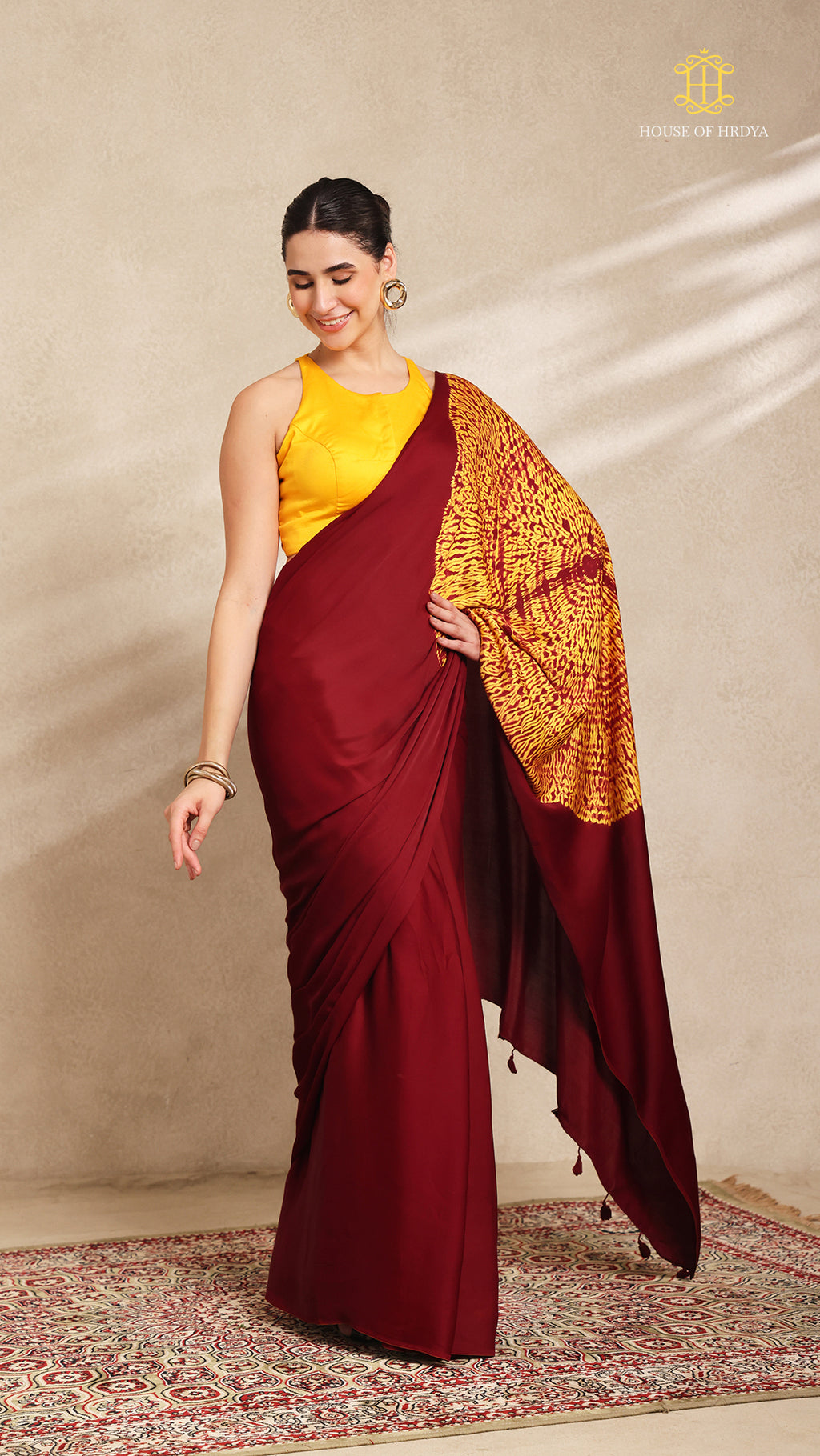 Baandh Maroon Modal Silk Yellow Shibori