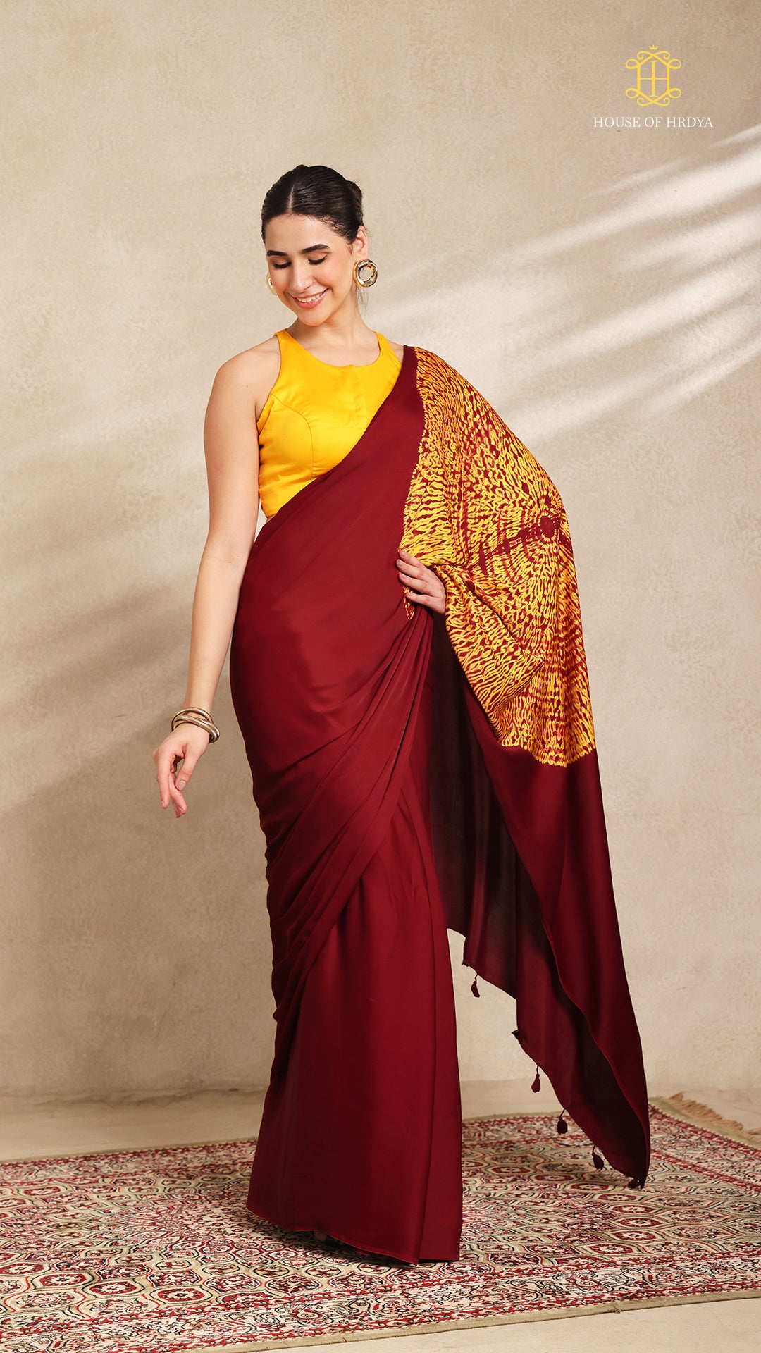 Baandh Maroon Modal Silk Yellow Shibori