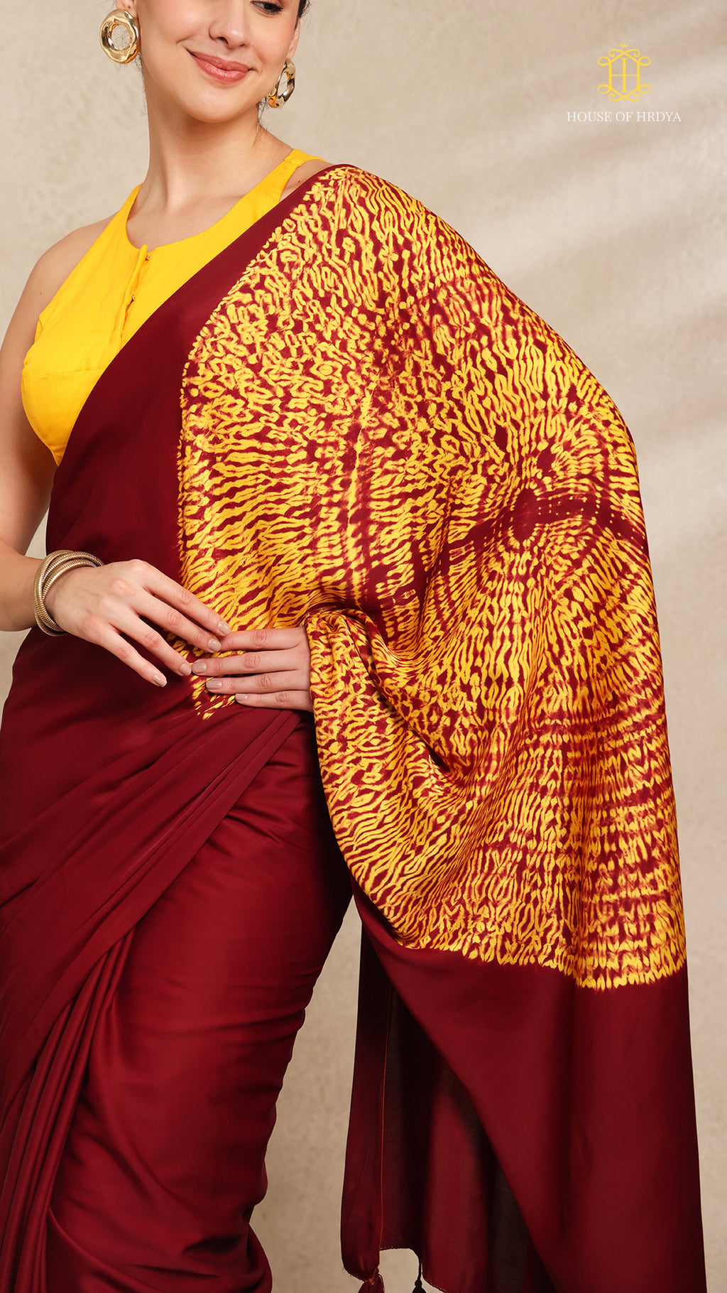 Baandh Maroon Modal Silk Yellow Shibori