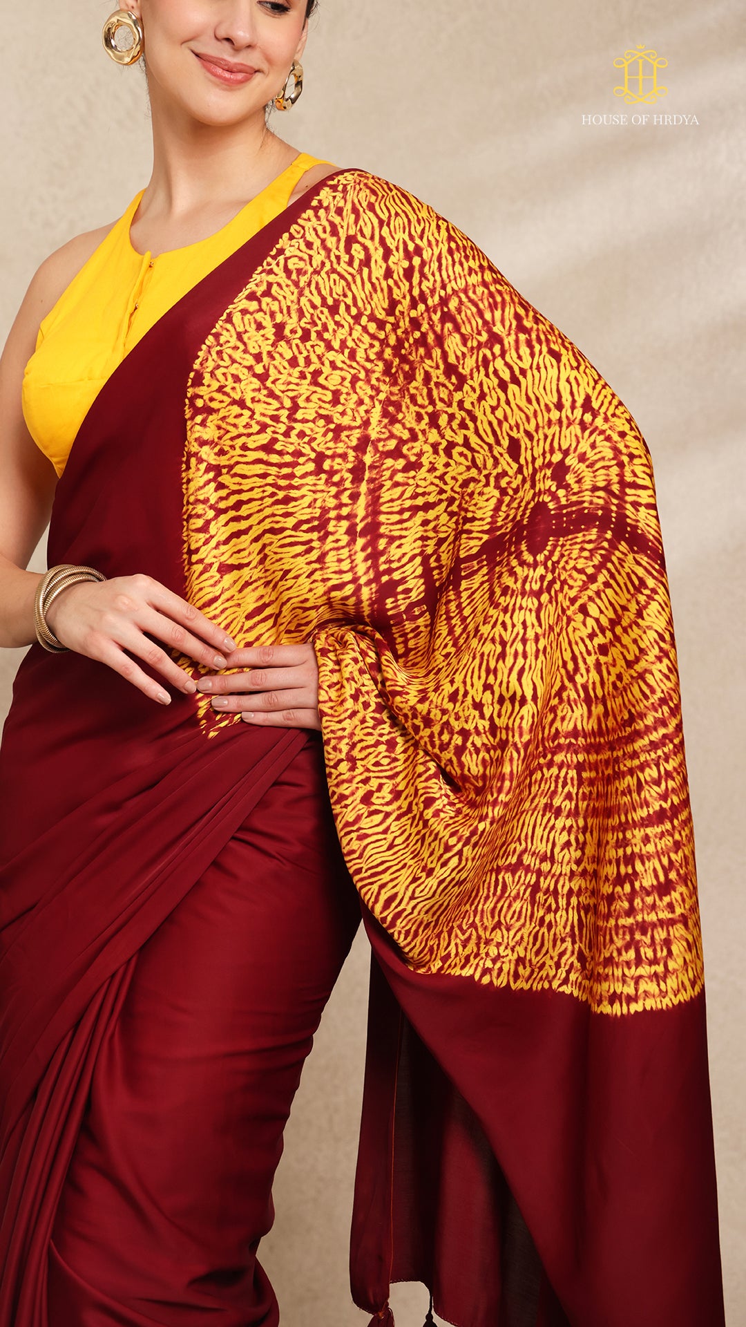 Baandh Maroon Modal Silk Yellow Shibori