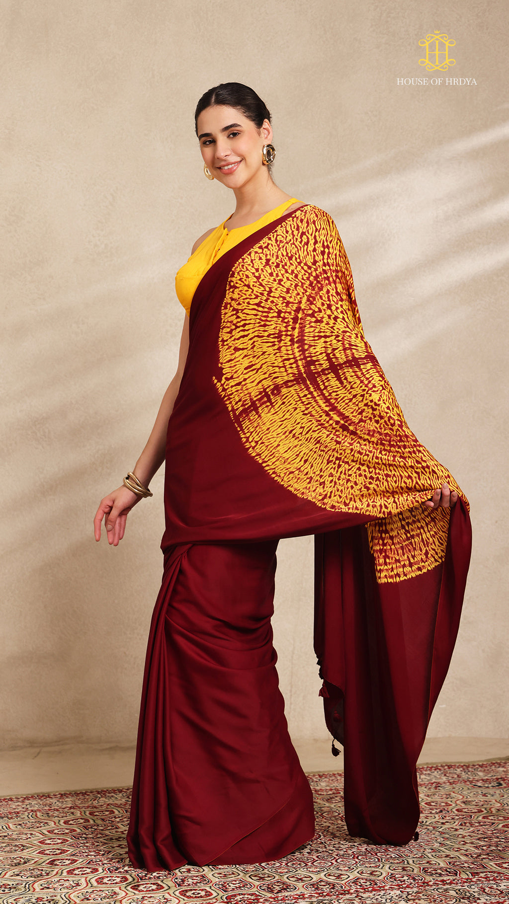 Baandh Maroon Modal Silk Yellow Shibori