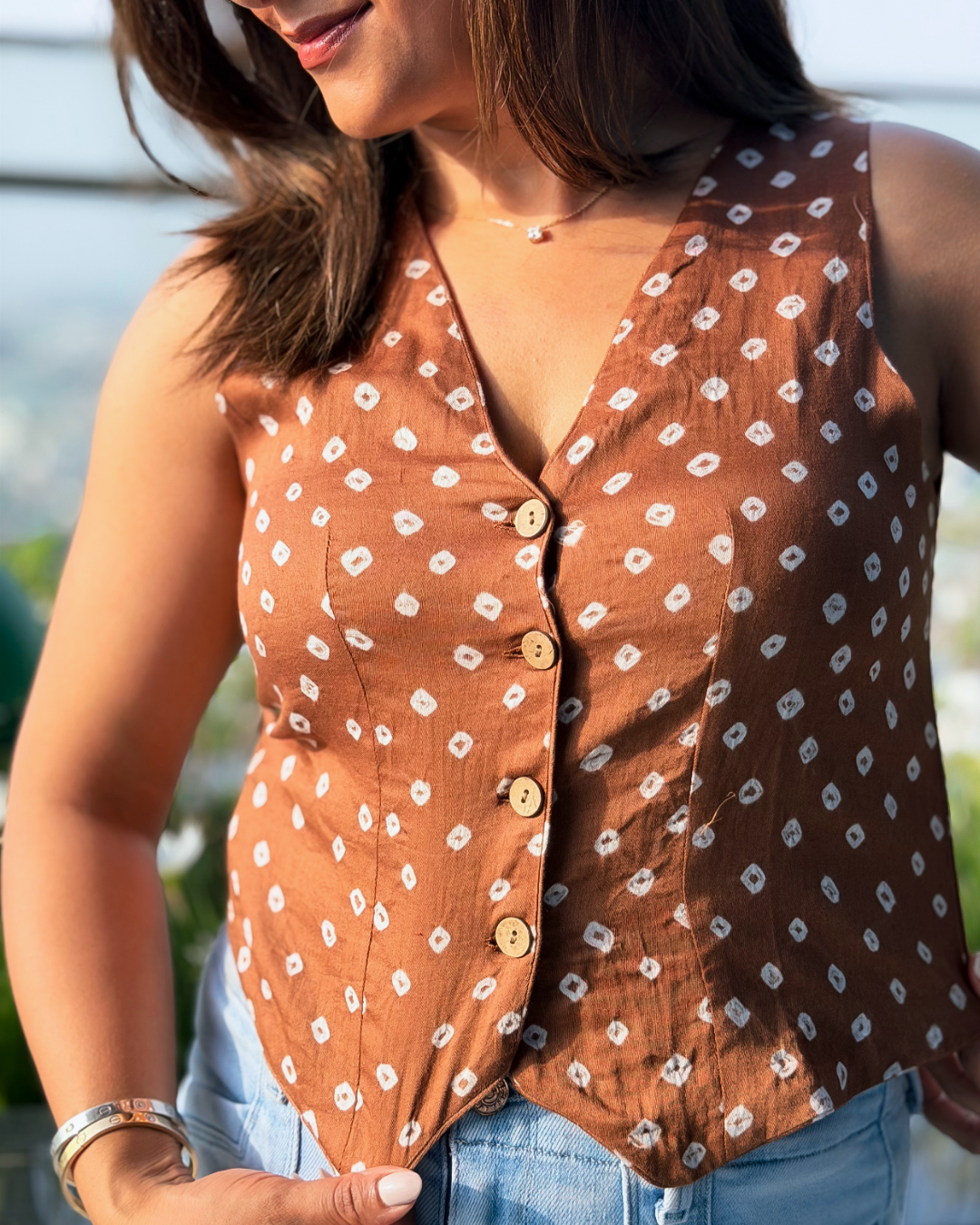 Brown Bandhani Waistcoat Secondary image