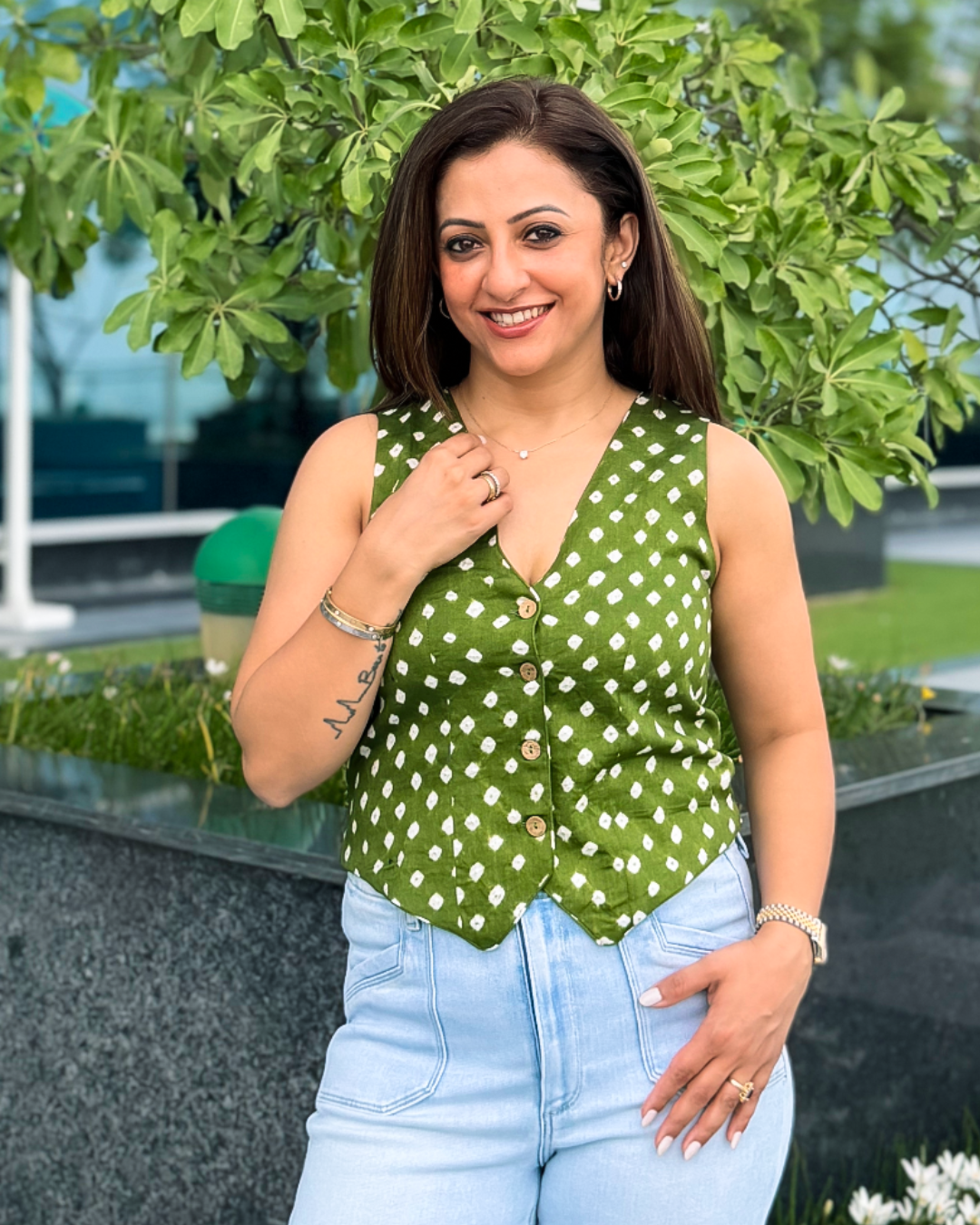 Green Bandhani Waistcoat Main image