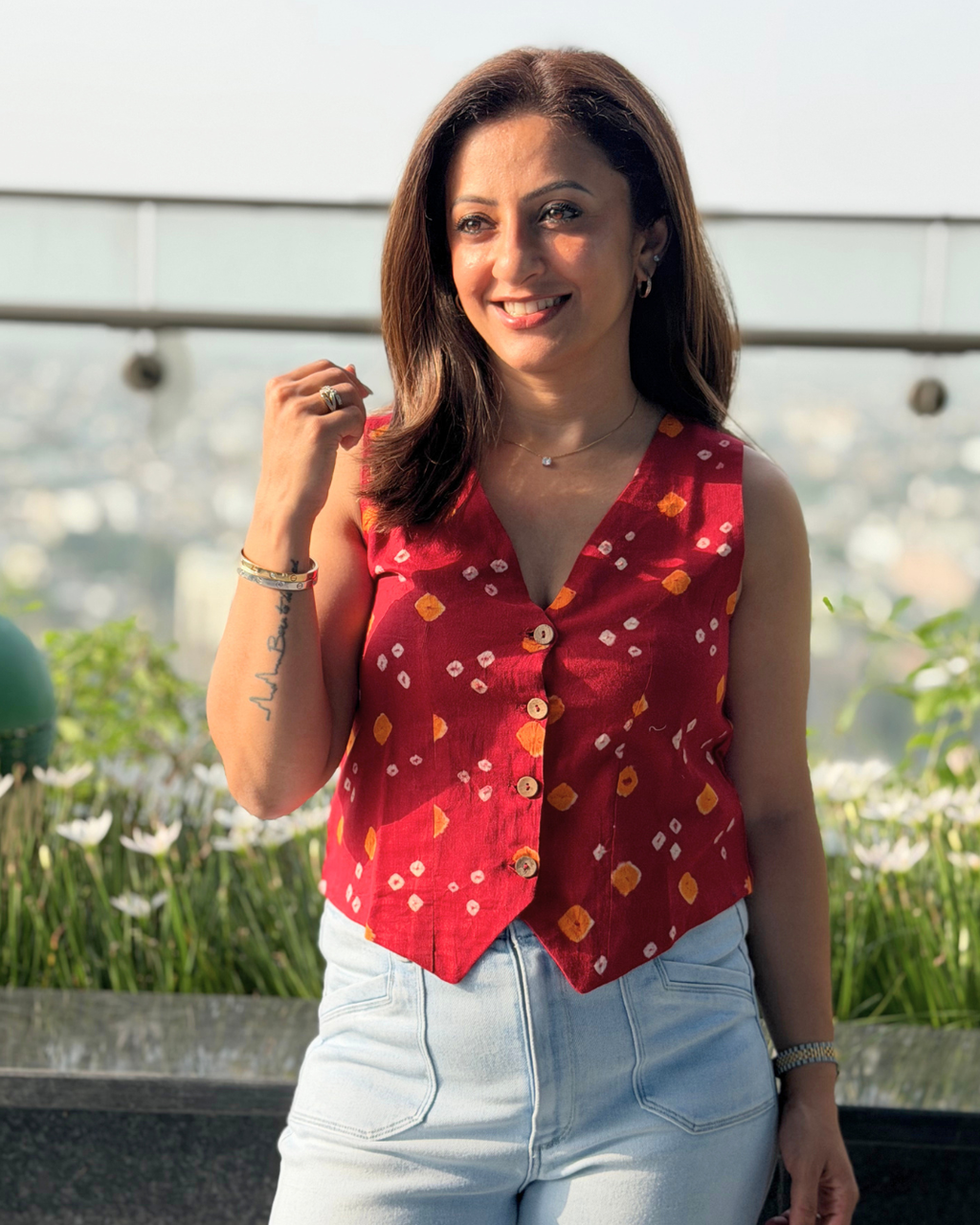 Red Bandhani Waistcoat